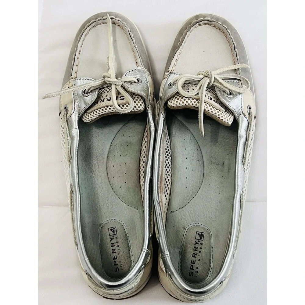 Sperry Top Sider Angelfish Womens Boat Silver Leather Casual Shoes Loafers 10M‎